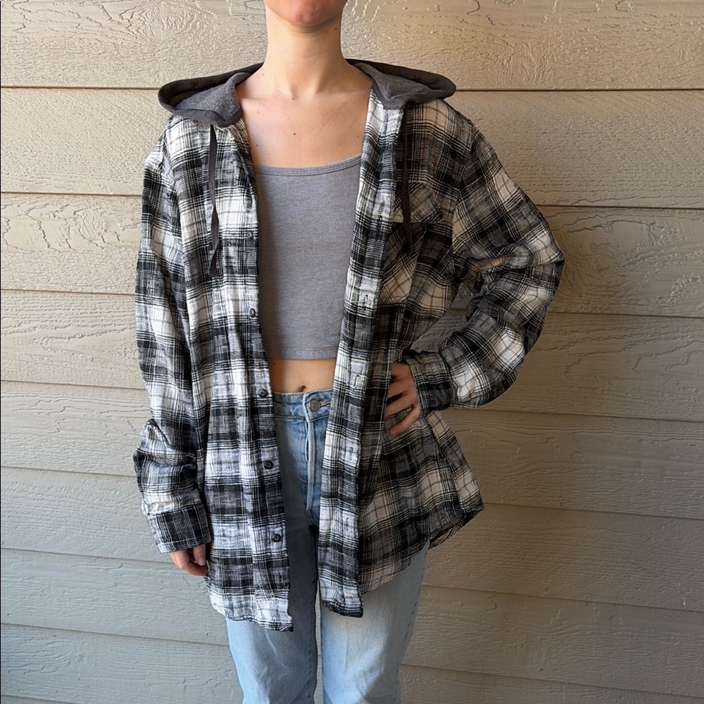 Green Day Upcycled Flannel Shirt Handmade Size Large L with Hood - Picture 3 of 4